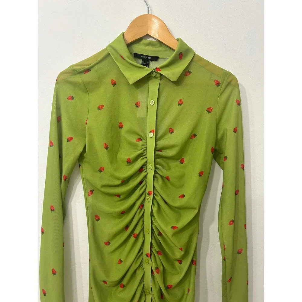 Forever 21 Strawberry Print Ruched Mesh Mini Dress Green Long Sleeve Medium NWT